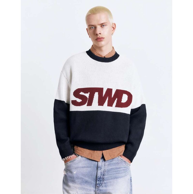 Pull&Bear Stwd panelled jumper in off white