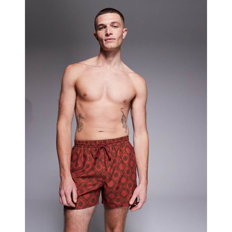 South Beach sundial print swimshort in rust-Red