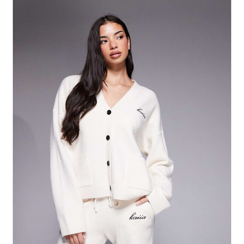 Kaiia wool feel knitted embroidered logo button through cardigan co 113518637