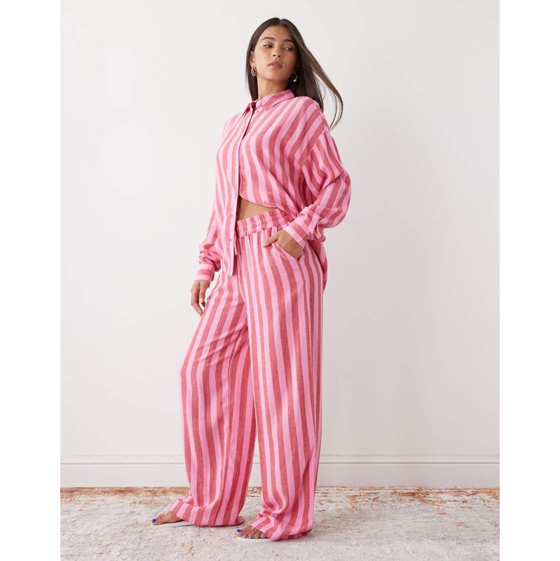 Noisy May linen mix trouser co-ord in pink & red stripe 115520604