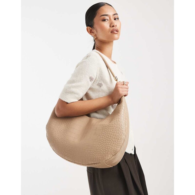 PASQ scoop top shoulder bag with crossbody strap in taupe croc-Neutral 113518688