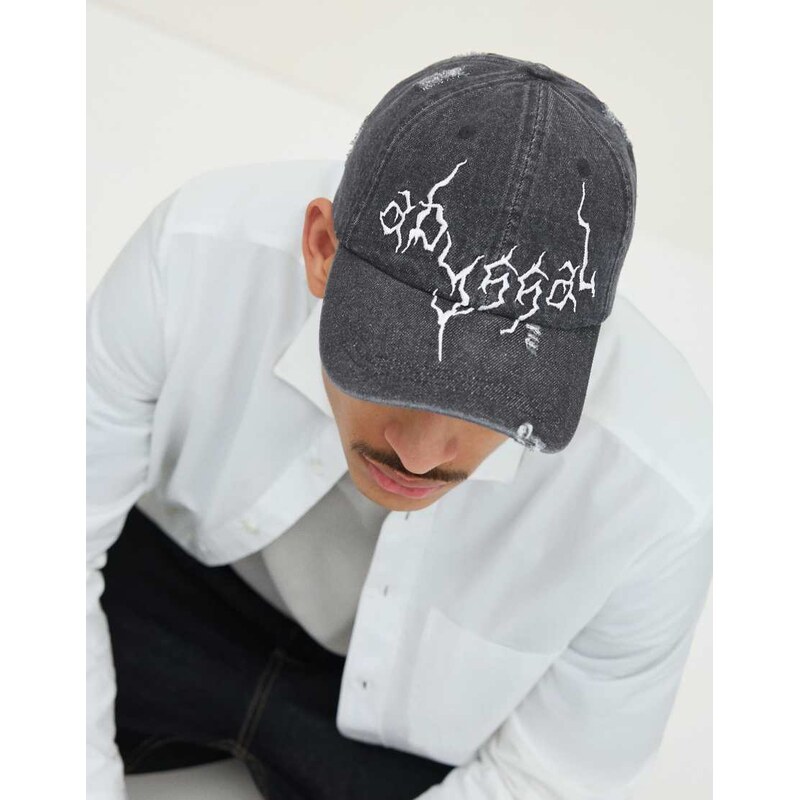 Bershka Embroidered denim cap in black