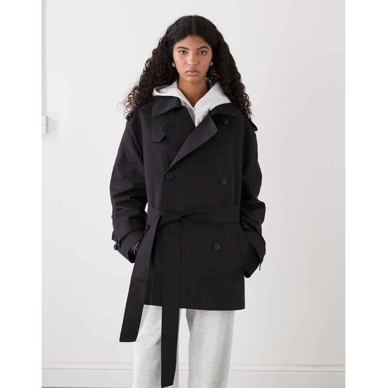 Weekday oversized short trench coat with funnel collar in black