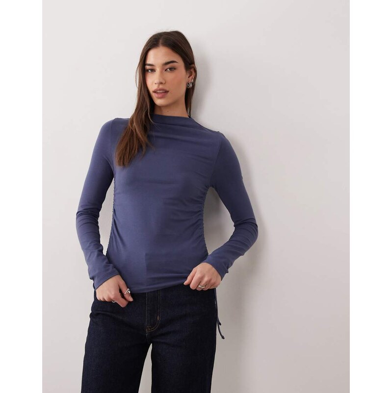 ASOS DESIGN ruched detail tie side high neck long sleeve top in