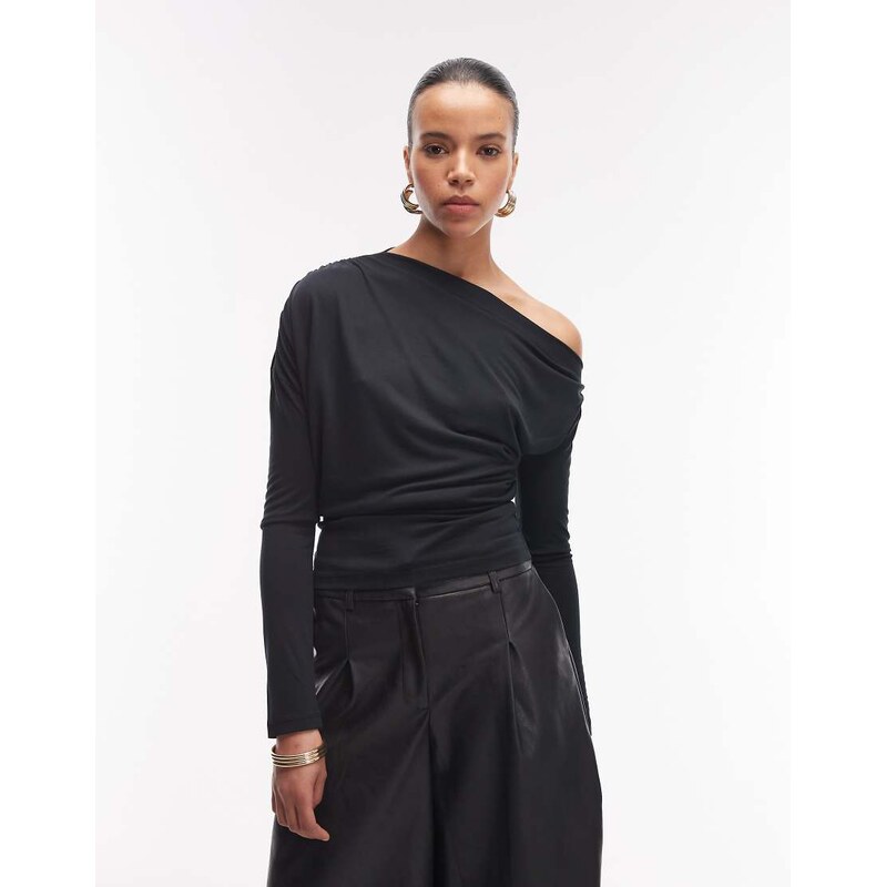 ASOS DESIGN soft touch drape off shoulder top with cinch waist
