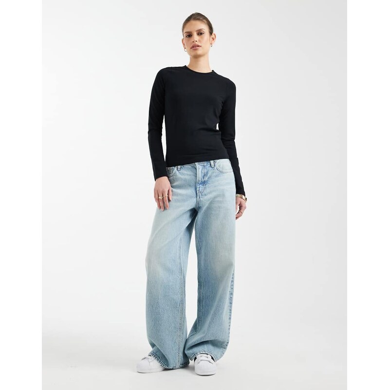 ASOS DESIGN cotton long sleeve round neck top in black