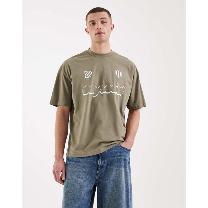 ASOS DESIGN oversized t-shirt with football graphic in khaki
