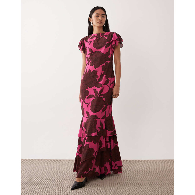 Pretty Lavish chiffon frill sleeve maxi dress in brown and floral 113545638