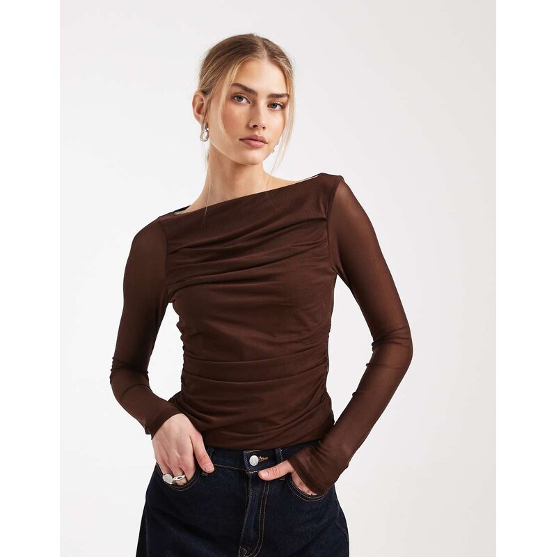 ASOS DESIGN mesh drape boat neck long sleeve top in chocolate-Brown