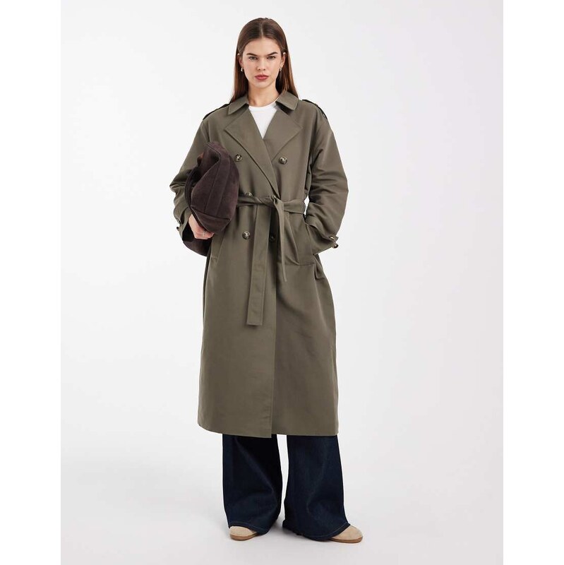 Vero Moda longline belted trench coat in kalamata green 115518334