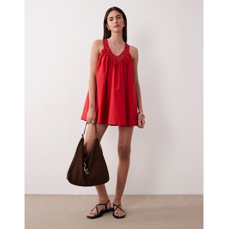 ASOS DESIGN v neck smock poplin mini sundress with lace overlay