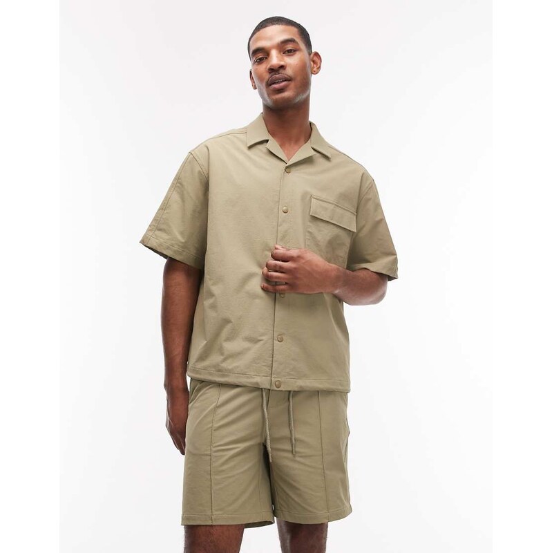 ASOS DESIGN motionMAX oversized four way stretch shirt in khaki