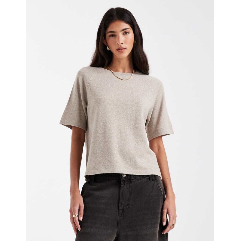 Pieces short sleeve knitted jumper in beige melange-Neutral
