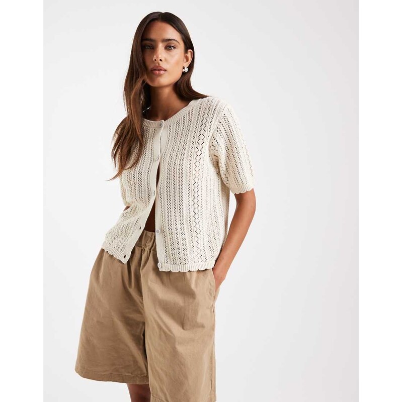 Pieces short sleeve pointelle knitted cardigan in birch cream