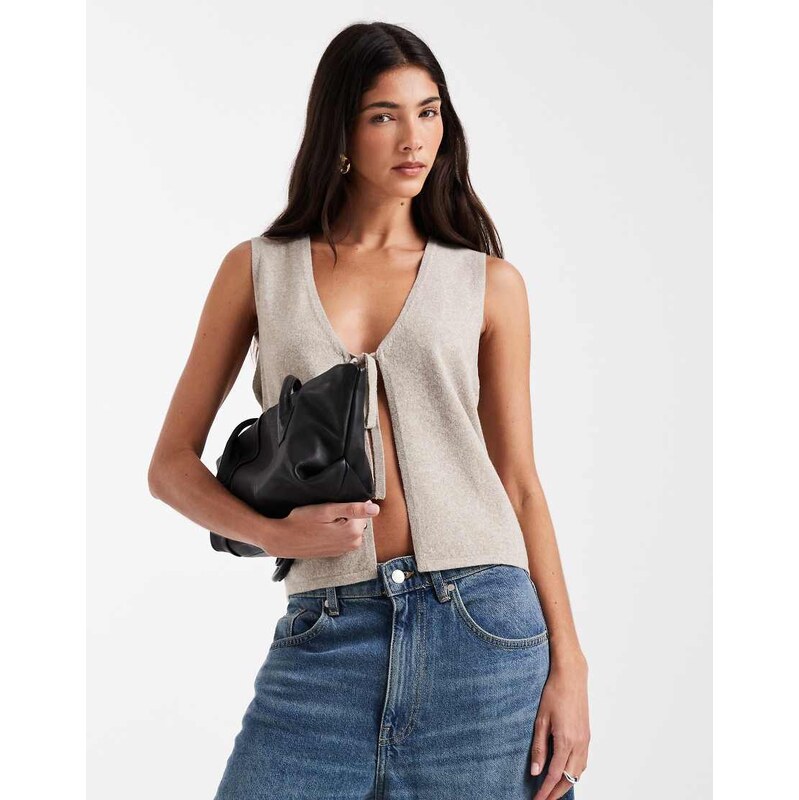 Pieces tie front sleeveless knitted top in beige melange-Neutral