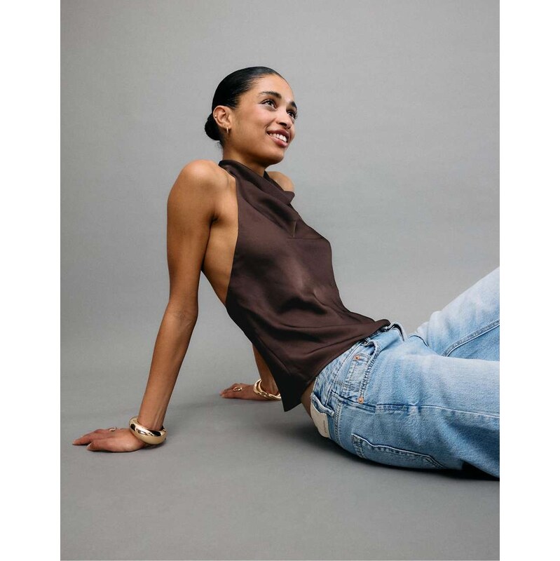 Stradivarius Satin effect halter top in brown 113534305