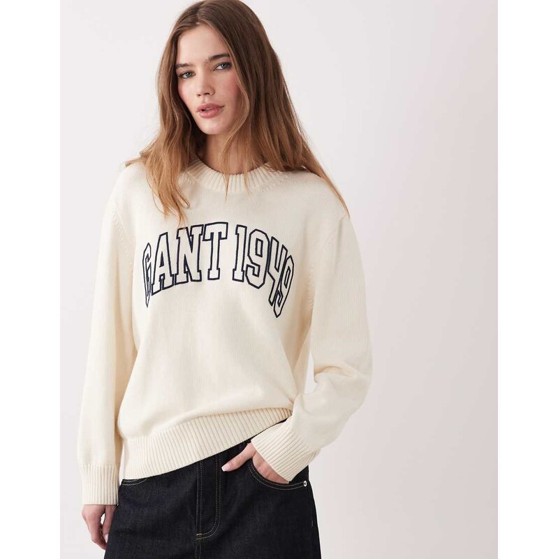 GANT lambswool cable knit chest logo jumper in cream-White