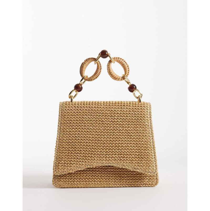 ASOS DESIGN straw crossbody bag with resin top handle and detachable cross body strap in natural-Neutral