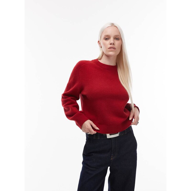 & Other Stories crew neck jumper with volume sleeves in red