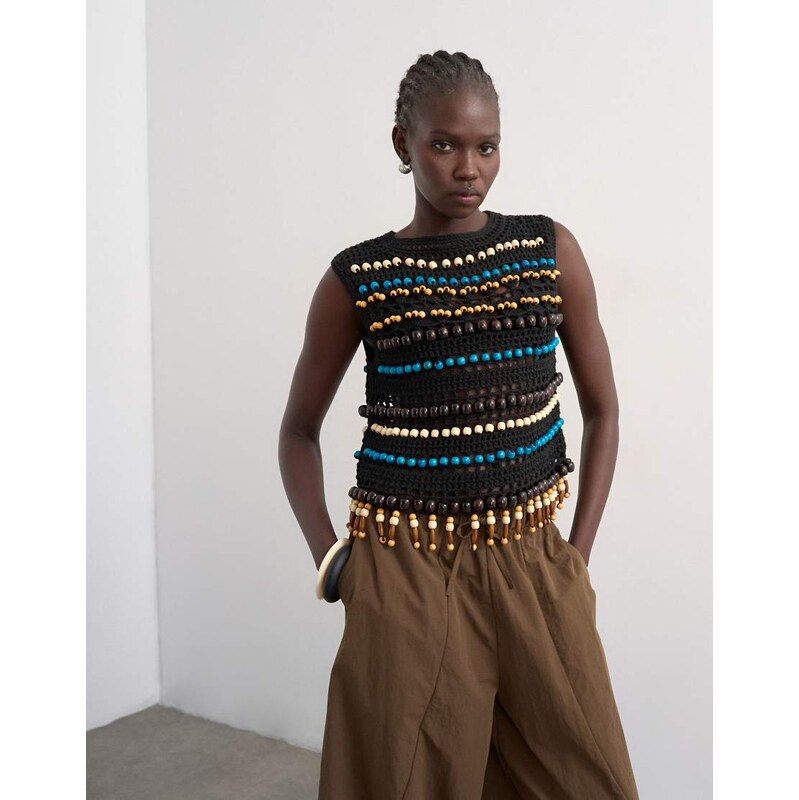 Topshop knitted crochet beaded tank in black
