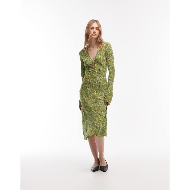 & Other Stories vee neck bias cut dress with fluted sleeves in