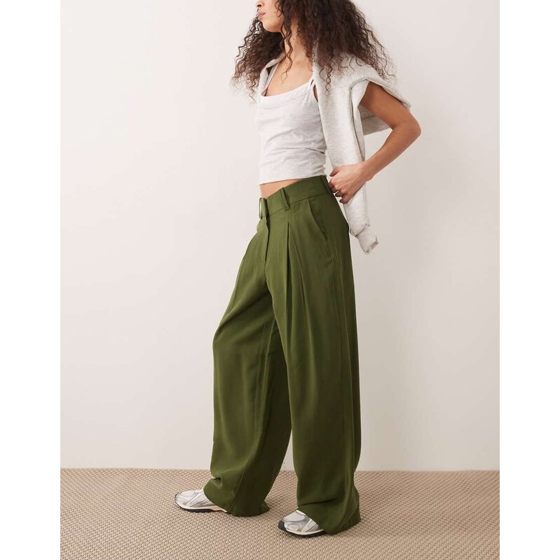 AWARE high waisted pleat front trousers in deep green