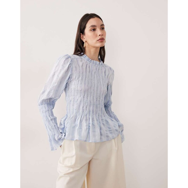 YAS long sleeve textured smock top in pastel blue 113537377
