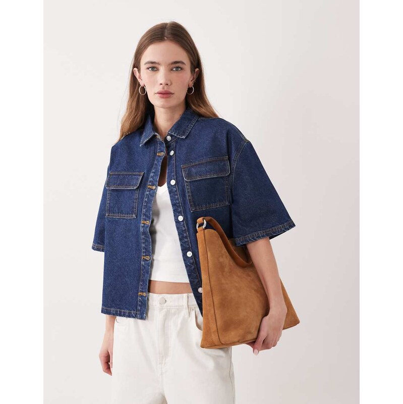 Miss Selfridge denim boxy shirt in indigo wash-Black