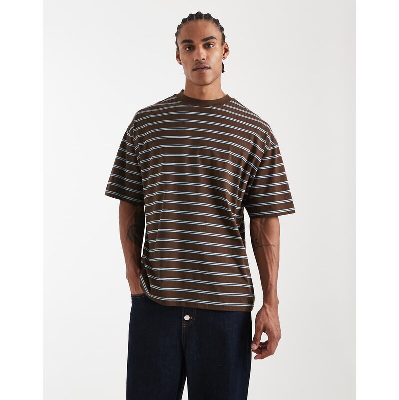 ASOS DESIGN oversized t-shirt in dark brown and blue stripe