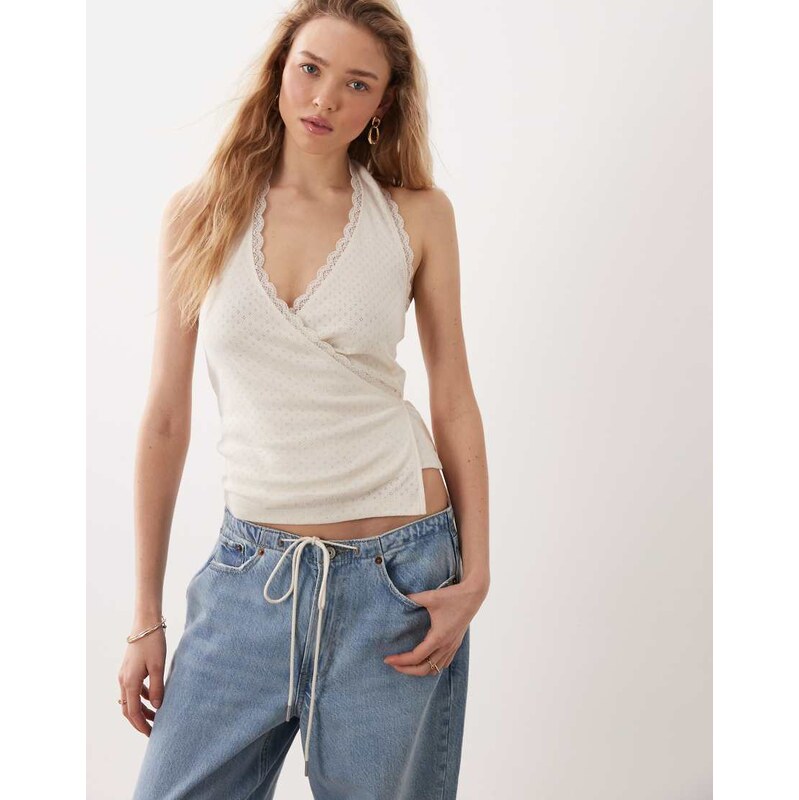 Miss Selfridge pointelle halterneck wrap top in cream-White