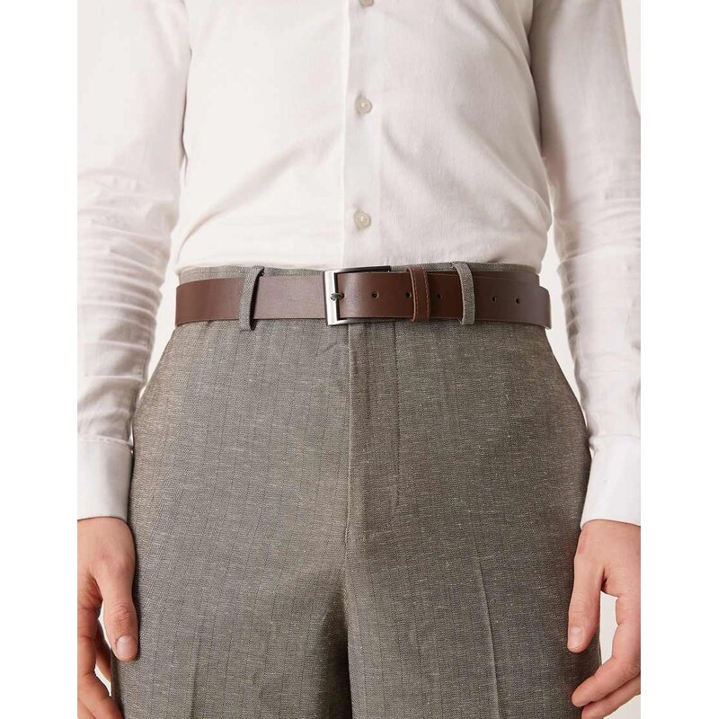 ASOS DESIGN faux leather belt with gunmetal buckle in brown