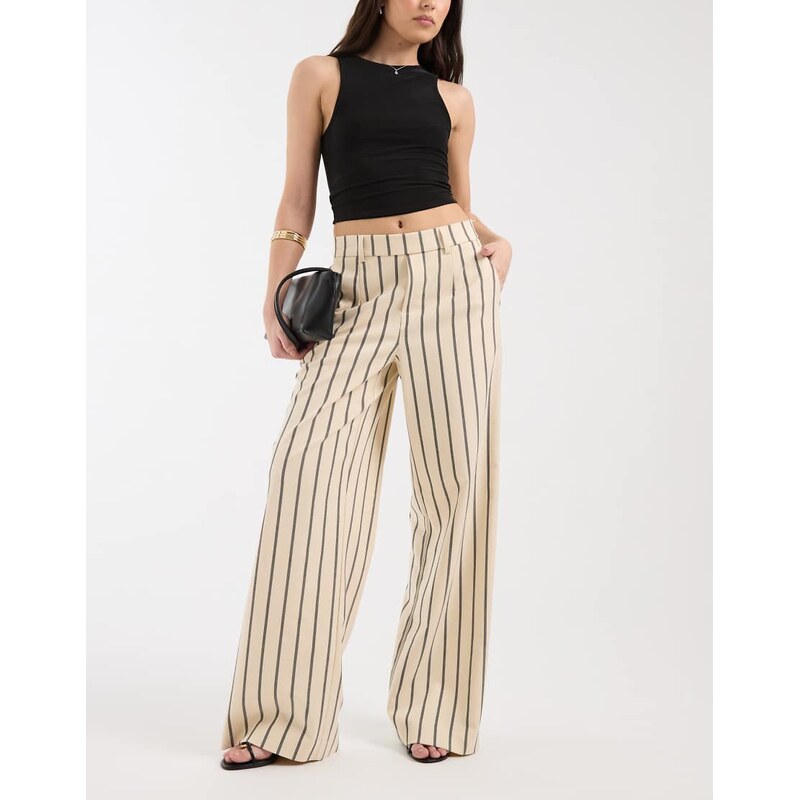 Object wide leg tailored trousers in cream and black stripe-White 115520211