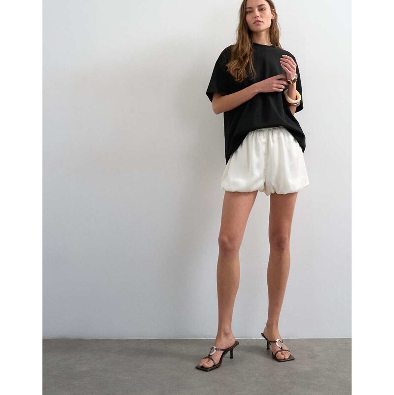 Topshop satin bubble shorts in ivory-White