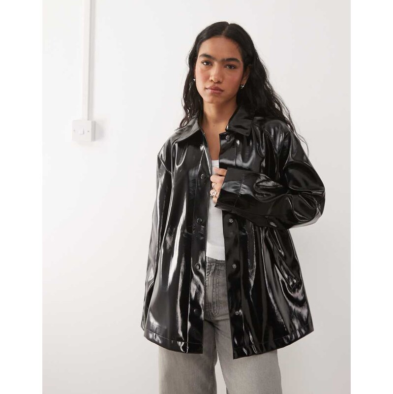 Noisy May vinyl collared mac with leo lining in black 113545708