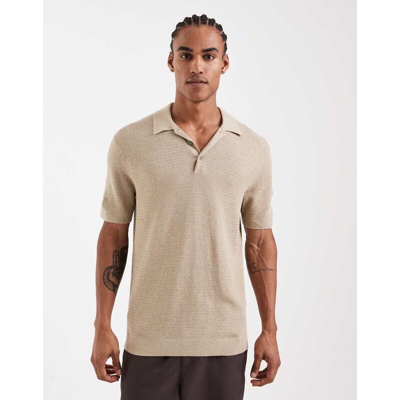 Jack & Jones Premium knitted polo in beige-Neutral
