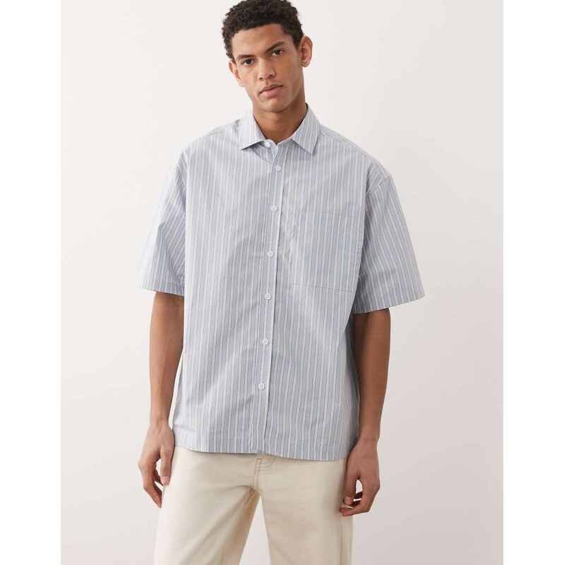 ASOS DESIGN oversized stripe shirt with chest pocket in blue