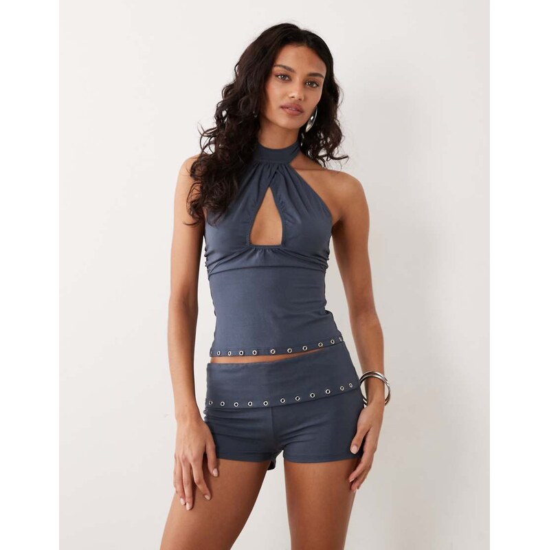 Motel co-ord Gyomei eyelet wrap jersey halter top in ocean storm