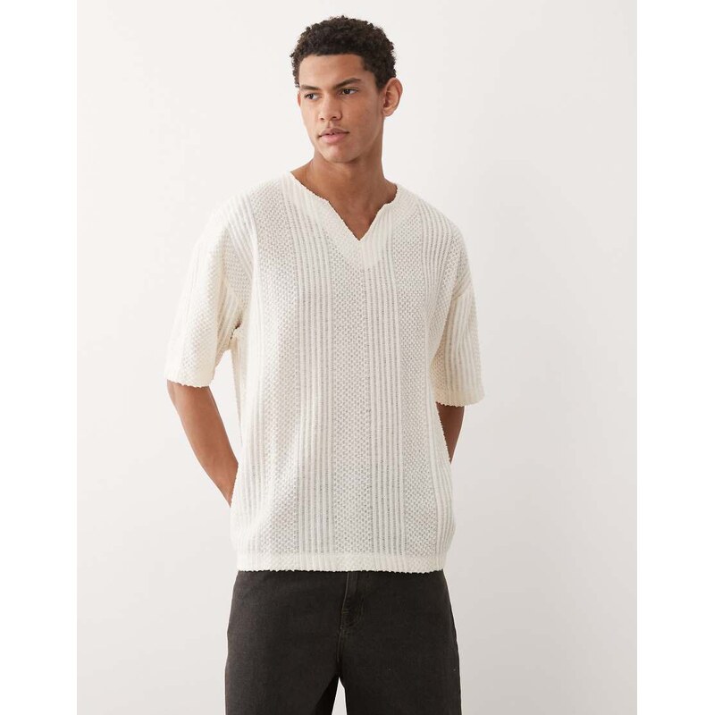 ASOS DESIGN oversized v-neck t-shirt in cream textured fabric