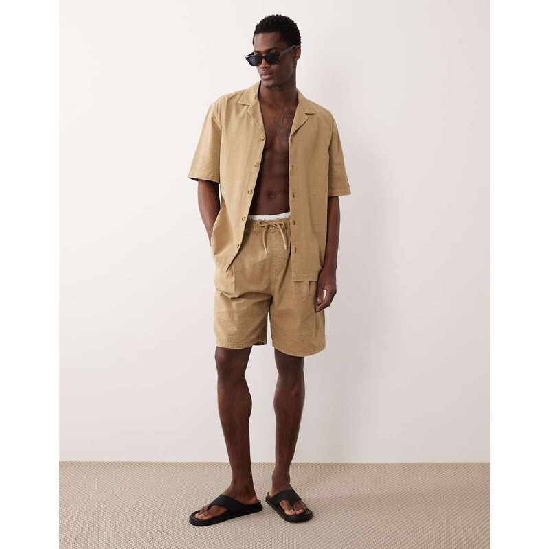 ASOS DESIGN co-ord textured jorts in mid length in beige-Neutral