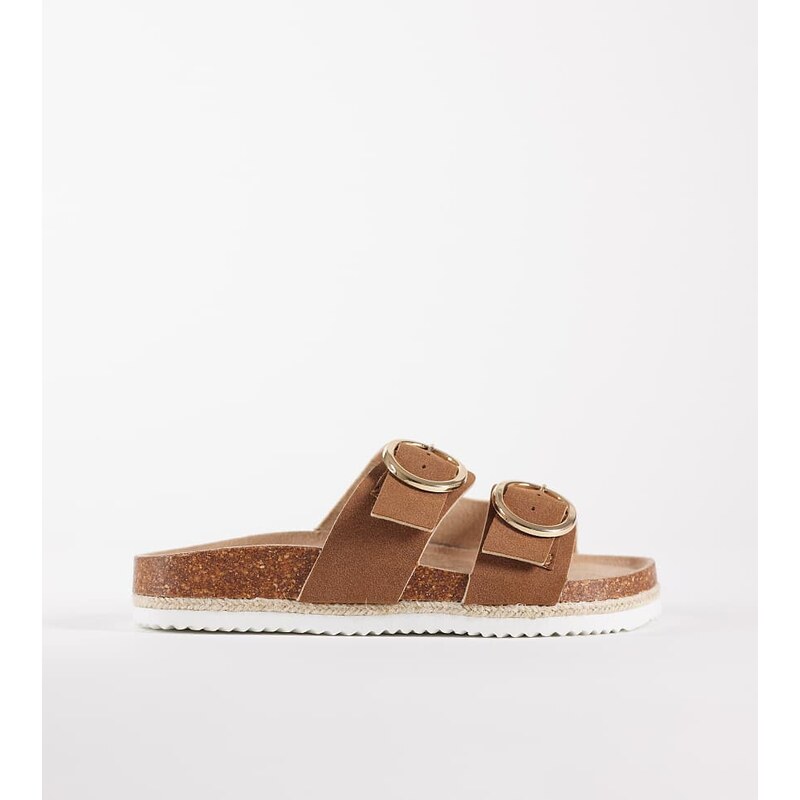 New Look Wide Fit double buckle espadrille jute sandal in tan