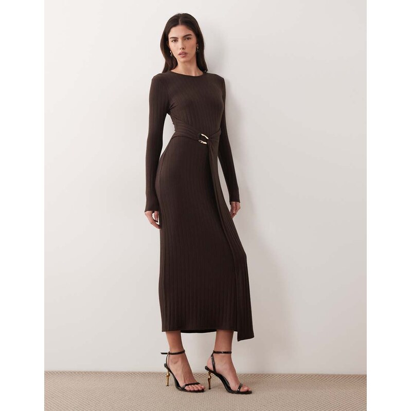ASOS DESIGN long sleeve rib midi dress with hardware wrap detail