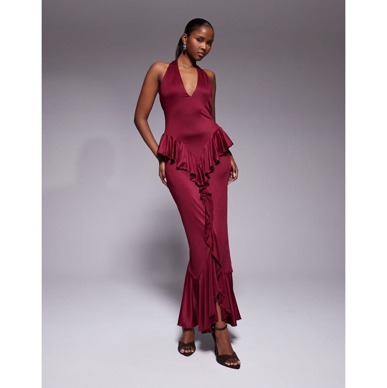Ruched & Ready sculpting halterneck open back ruffle drape