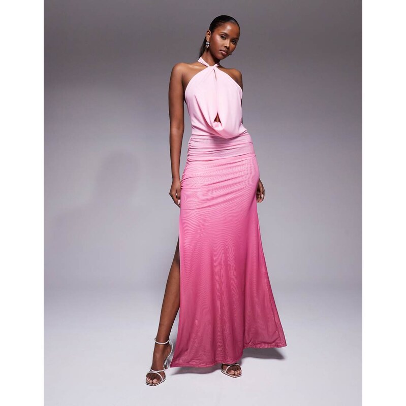 Murci mesh twist halterneck extreme cowl drape thigh split maxi