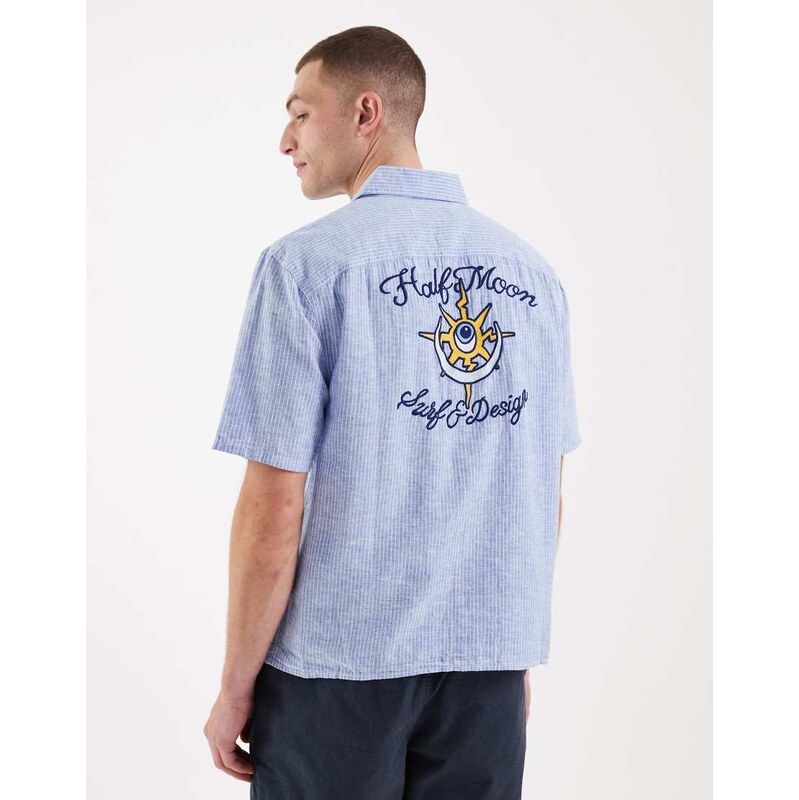 Hollister linen blend back graphic short sleeve shirt in blue