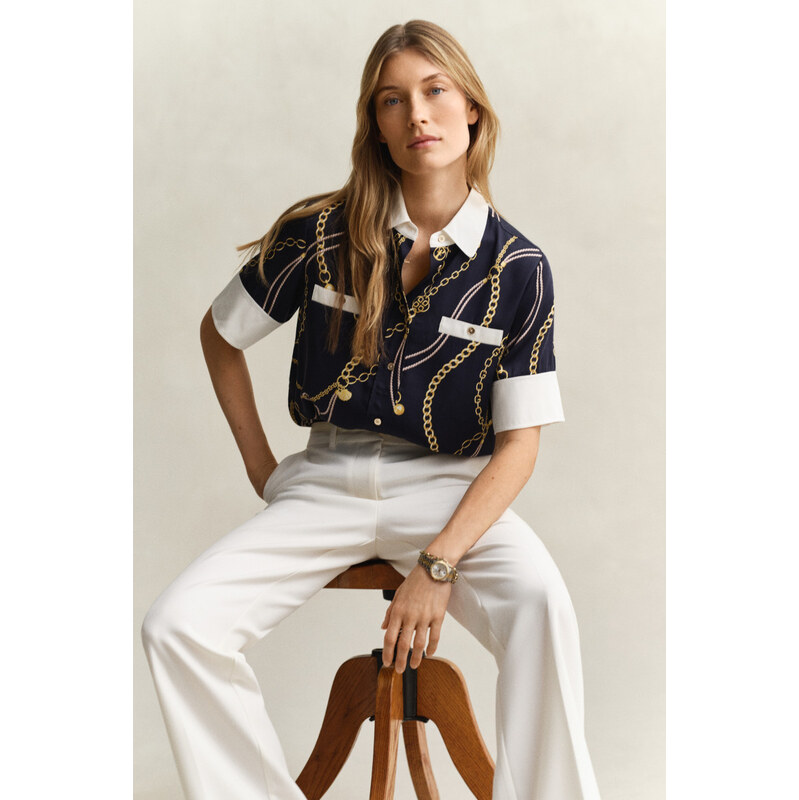 HALENKA GANT REG PRINTED CONTRAST SS BLOUSE EVENING BLUE