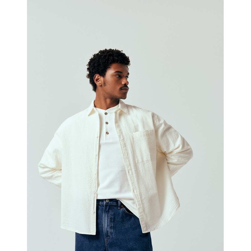 ASOS DESIGN oversized long sleeve seersucker shirt in off white