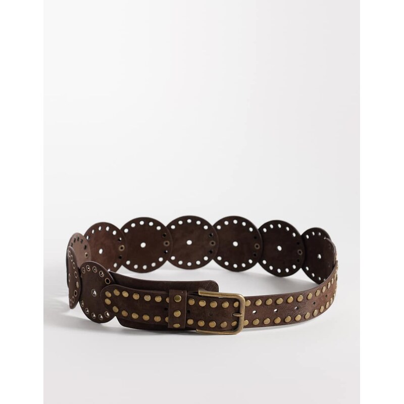 ASOS DESIGN faux suede studded round disc belt in brown 113545631