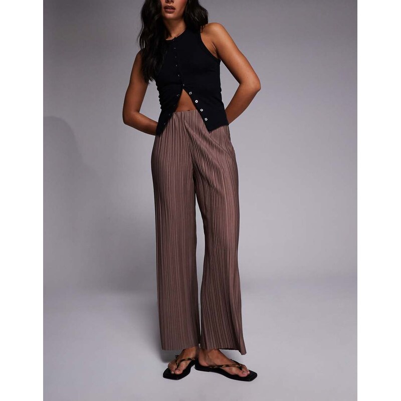 River Island plisse wide leg trousers in beige-Neutral