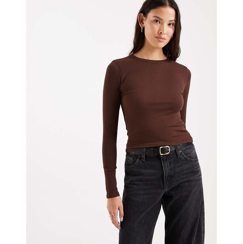 ASOS DESIGN rib crew neck long sleeve top in chocolate-Brown