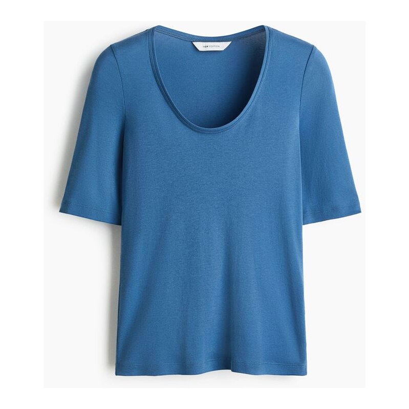 H&M - Top z bavlny pimas hlubokým kulatým výstřihem - Modrá